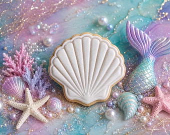 Galleta con forma de concha de sirena / Decoración comestible para pastel con temática oceánica, recuerdo de fiesta