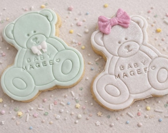 Galletas personalizadas con forma de osito de peluche para baby shower: galletas glaseadas a medida, dulces para celebrar la llegada del bebé.