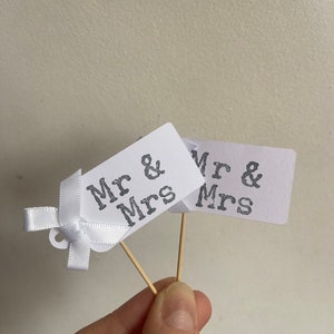 May include: Two white cardstock signs with black text on wooden skewers. The signs read "Mr & Mrs".