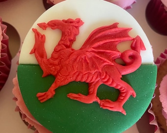 Adorno para cupcakes con fondant de la bandera de Gales / Adorno con dragón galés / Adornos comestibles para cupcakes / Adornos de Gales / Adornos comestibles / Adornos con temática galesa
