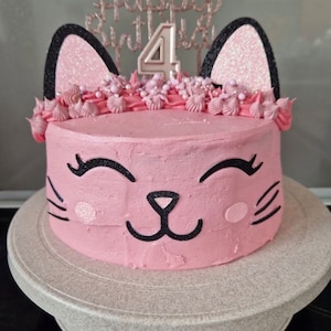 May include: Pink and black cat-themed cake with pink icing and a number four candle on top. The cake is decorated with pink and white sprinkles and has a happy birthday topper.