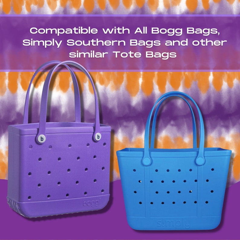 May include: Two tote bags, one purple and one blue, against a tie-dye background. The purple bag has the word "bogg" printed on the bottom and the blue bag has the word "simply" printed on the bottom.
