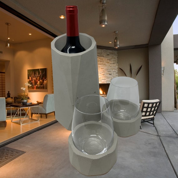 Gray Concrete Wine Bottle Holder & 2 Stemless Wine Glass Chiller Set Store  in Freezer to Keep Wine Chilled 