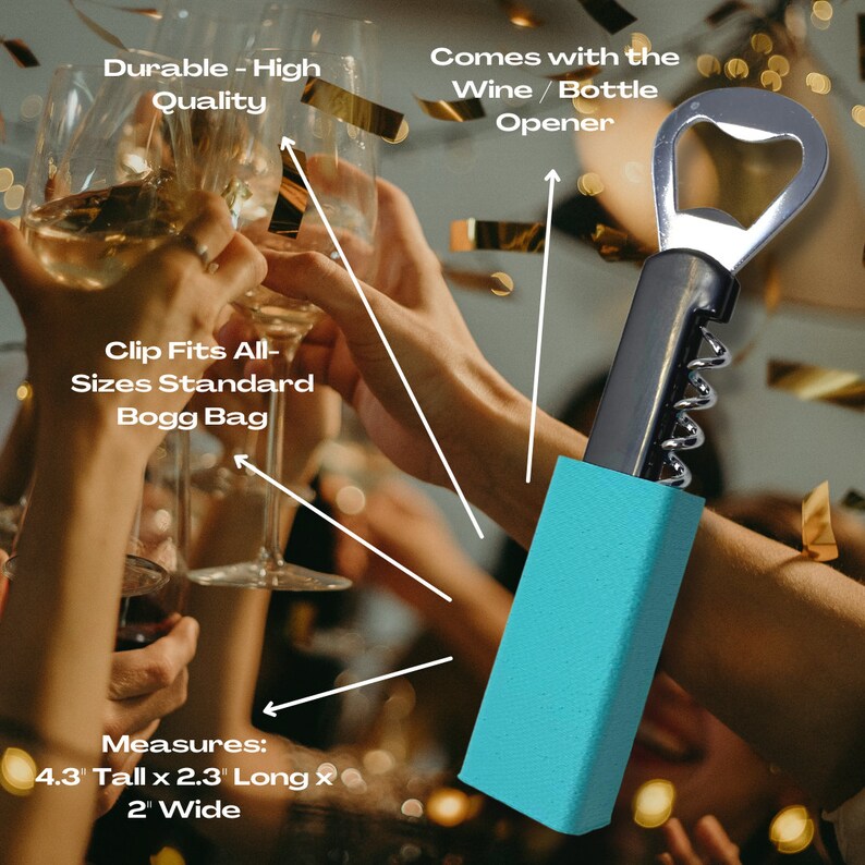 May include: A turquoise blue wine bottle opener with a silver bottle opener and a corkscrew. The opener is 11 cm tall, 5.8 cm long, and 5 cm wide. It comes with a wine/bottle opener and fits all standard size bags.