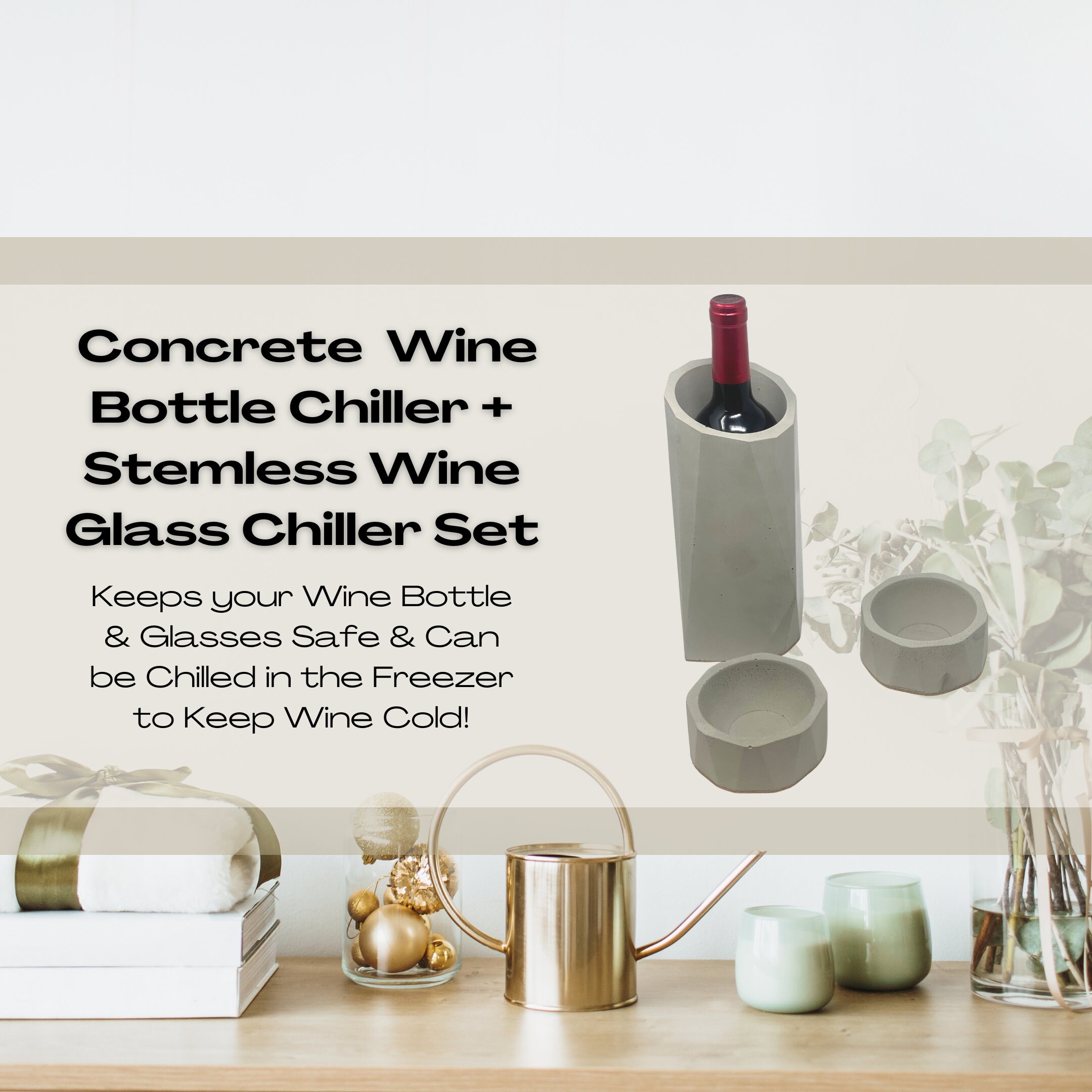 Gray Concrete Wine Bottle Holder & 2 Stemless Wine Glass Chiller Set Store  in Freezer to Keep Wine Chilled 