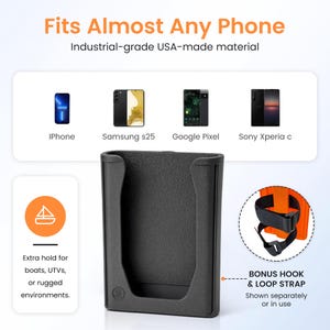 K&ouml;nnte beinhalten: Schwarzer Telefonhalter mit dem Text "Fits Almost Any Phone" und "Industrial-grade USA-made material." Der Halter wird mit einem iPhone, Samsung, Google Pixel und Sony Xperia gezeigt. Inklusive Bonus-Klettverschlussriemen.