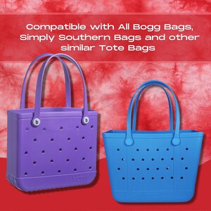 May include: Two tote bags, one purple and one blue, with the brand names "bogg" and "simply" printed on them. The bags are compatible with all Bogg bags, Simply Southern bags, and other similar tote bags.