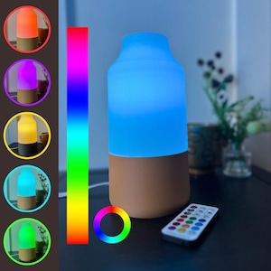 May include: A blue and brown essential oil diffuser with a remote control. The diffuser has a light that changes colors. The remote control has buttons for different colors.