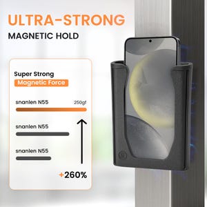 K&ouml;nnte beinhalten: Schwarzer Telefonhalter mit Telefon, montiert auf einer Metalloberfl&auml;che. Der Text "ULTRA-STRONG MAGNETIC HOLD" steht oben. Eine Grafik zeigt die Magnetkraft, mit dem Text "Super Strong Magnetic Force" und "+260%."