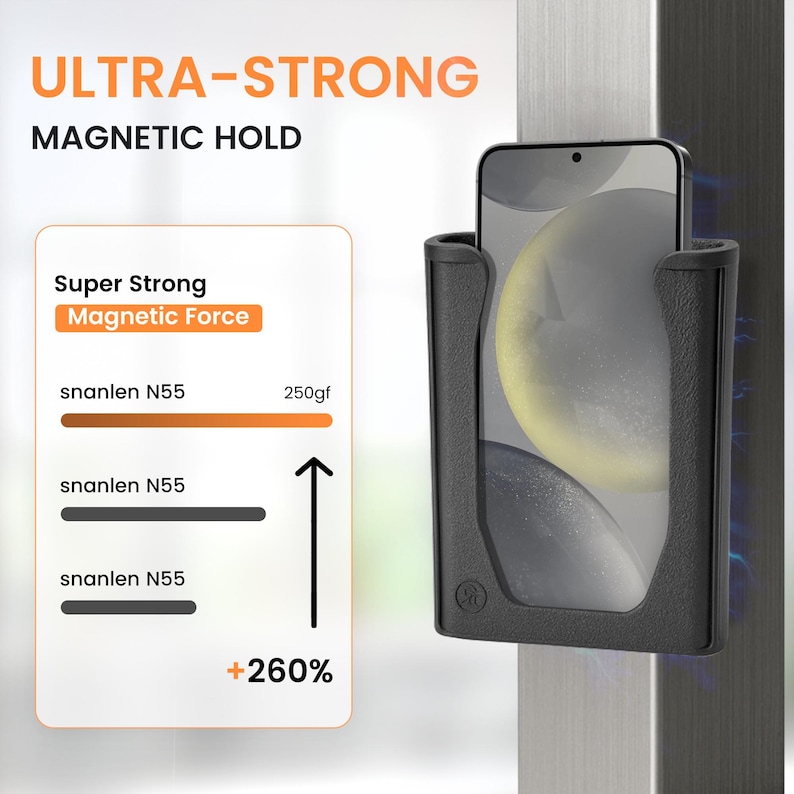 K&ouml;nnte beinhalten: Schwarzer Telefonhalter mit Telefon, montiert auf einer Metalloberfl&auml;che. Der Text "ULTRA-STRONG MAGNETIC HOLD" steht oben. Eine Grafik zeigt die Magnetkraft, mit dem Text "Super Strong Magnetic Force" und "+260%."