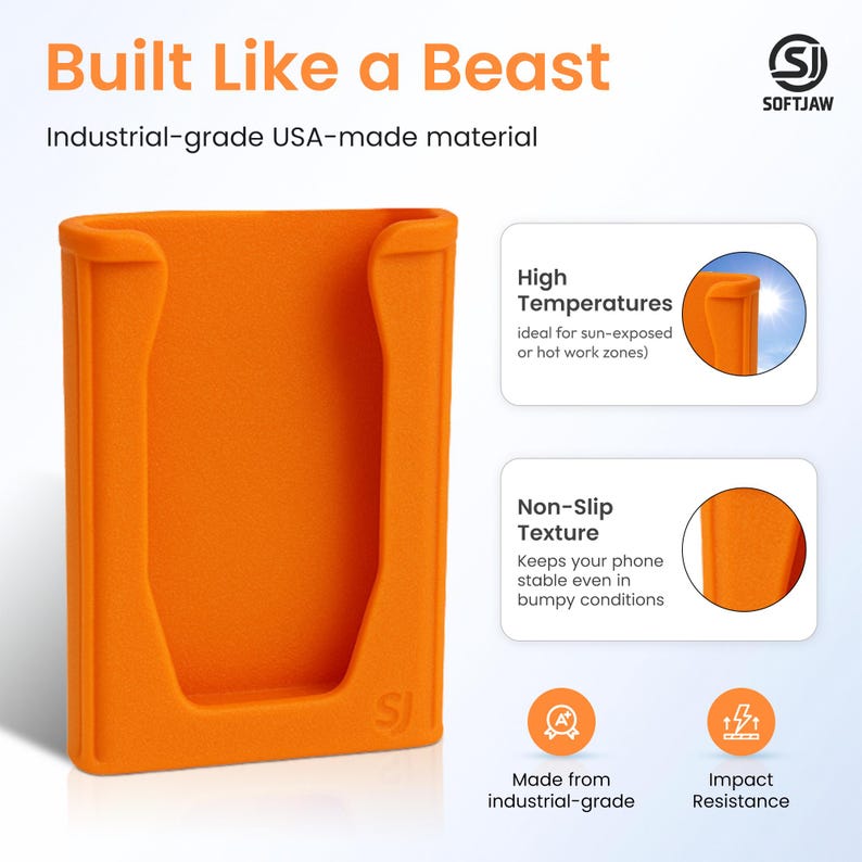 K&ouml;nnte beinhalten: Orangener Telefonhalter mit dem Text "Built Like a Beast" und "Industrial-grade USA-made material." Er ist hitzebest&auml;ndig und hat eine rutschfeste Textur.