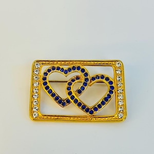Vintage Gold Brooch with Blue & White Rhinestones, Double Heart Pin Jewelry Gift