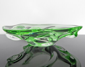 HEAVY GLASS BOWL For Decor Collectable Art by Czechoslovakia Retro Glassworks - 1960s - Hand-Blown - Centerpiece Decorative