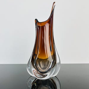 Amber Glass Vase – Mid Century Modern Czechoslovakia Art Glass, Elegant Vintage Home Decor