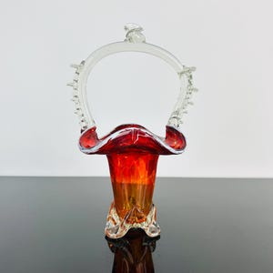 Art Deco Red Glass Basket 1910s by Neid Bohemia – Hand Blown Colorless Glass – Antique Czech Collectible