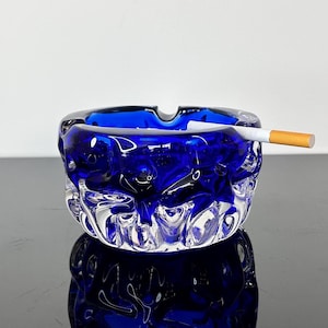 Vintage Blue Glass Ashtray by Pavel Hlava for Crystalex Novy Bor – Czech Mid-Century Design &quot;BRAIN&quot; Collection Handmade 1960s
