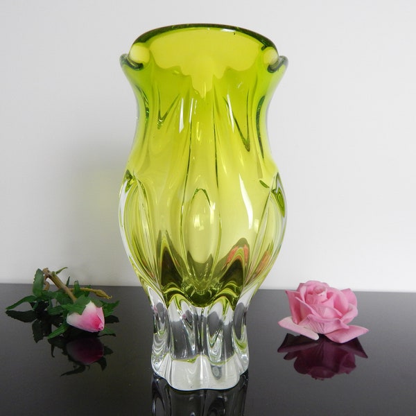 MASSIVE VASE MODERN Yellow Lime Fresh Colorful Designed by Author Josef Hospodka Studio Glassworks Chribska Large For Flower Collectable 60s