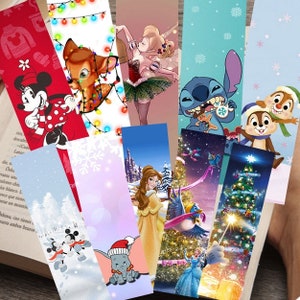 May include: A set of 10 colorful bookmarks featuring various Disney characters, including Mickey Mouse, Stitch, and Belle. The bookmarks are decorated with Christmas themes, such as snowflakes, Christmas trees, and lights.