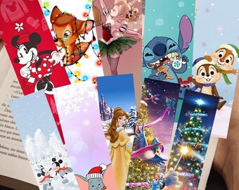 Peut inclure: Un ensemble de 10 marque-pages colorés mettant en scène divers personnages Disney, dont Mickey Mouse, Stitch et Belle. Les marque-pages sont décorés sur le thème de Noël, avec des flocons de neige, des sapins de Noël et des lumières.