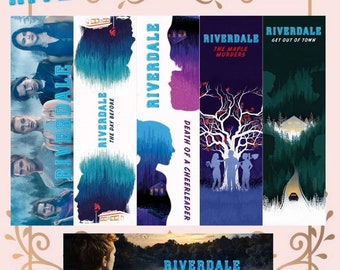 May include: A set of six bookmarks featuring different scenes from the TV show Riverdale. The bookmarks are printed with the show's logo and titles of different episodes. The bookmarks are all in a vertical format and feature a dark blue, purple, and green color scheme.