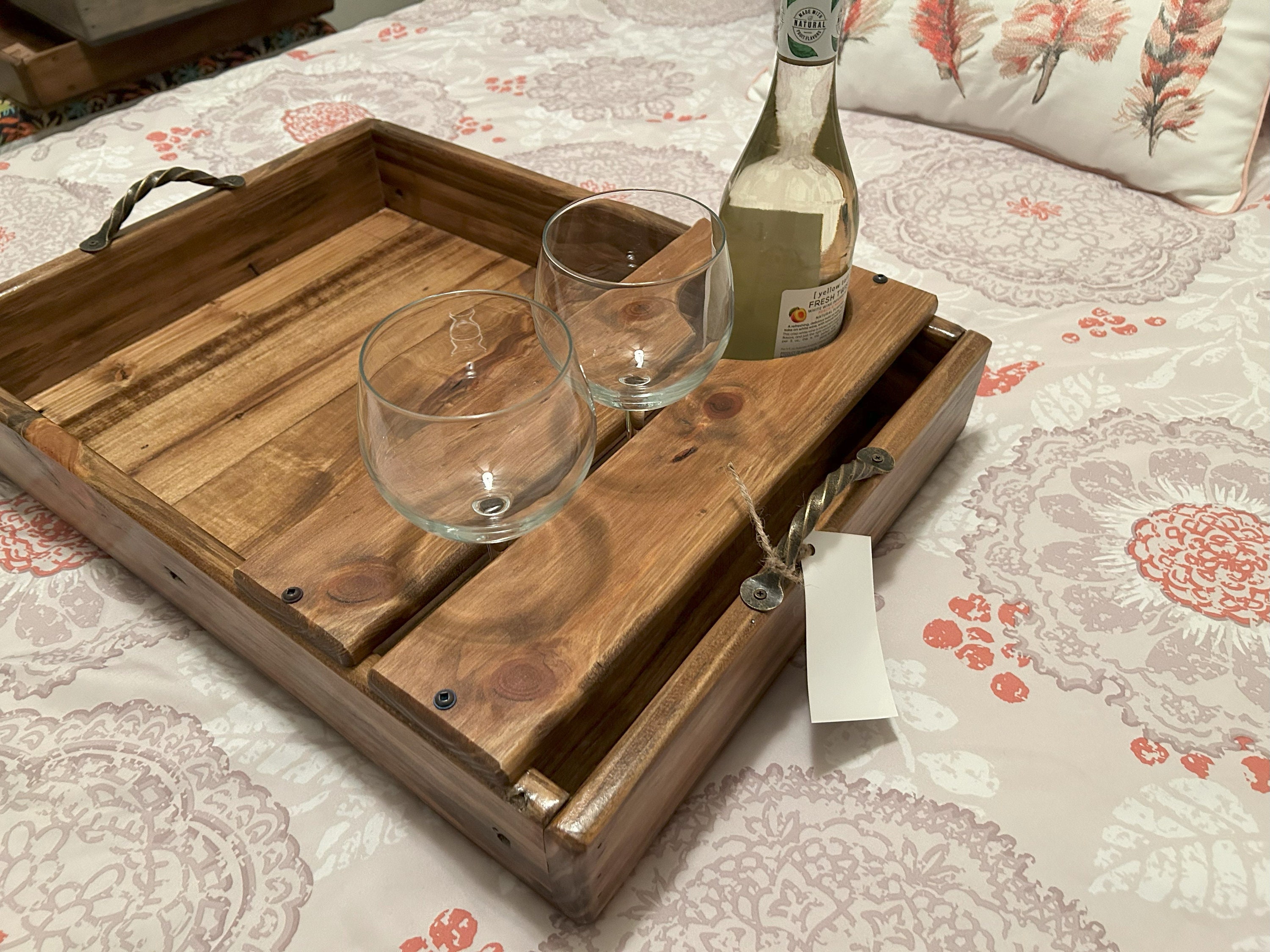 Wine and Cheese Wood Serving Tray Caddy Handmade From Reclaimed Rustic Pallet Wood With Metal