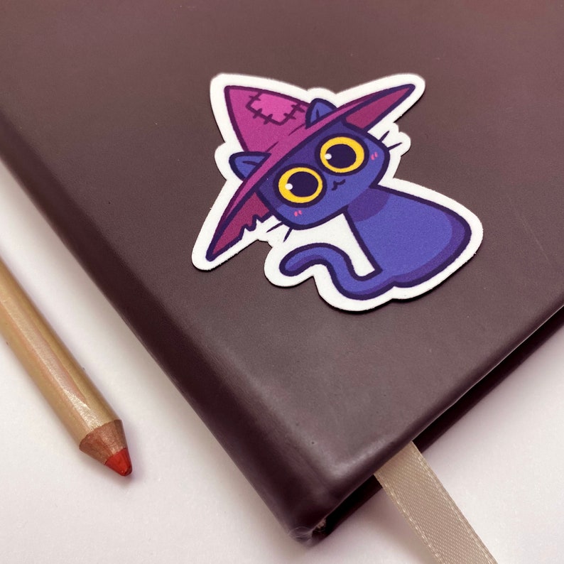 Cute Witch Cat Sticker, Waterproof Matte and Glossy Vinyl Sticker ...