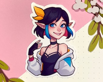 May include: A sticker featuring a cartoon illustration of a female character with blue and pink hair, wearing a black top and a white jacket. She has pointed ears and a yellow flower in her hair.