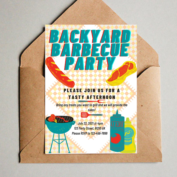 Fun Summer Vintage Backyard Grilling Barbecue Invitation Template Downloadable BBQ