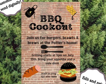 May include: BBQ Cookout invitation on a brick background with illustrations of grilling tools and food. The invitation includes the text "Customize and send digitally!" and "Edit and print At Home!"