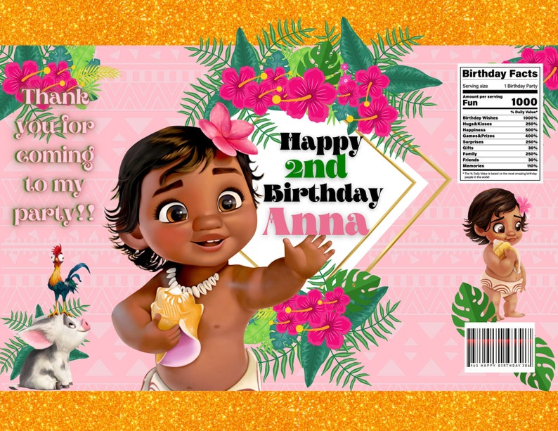 May include: A pink and green birthday party invitation featuring a cartoon image of a young girl with brown skin and dark hair. The text on the invitation reads "Happy 2nd Birthday Anna".