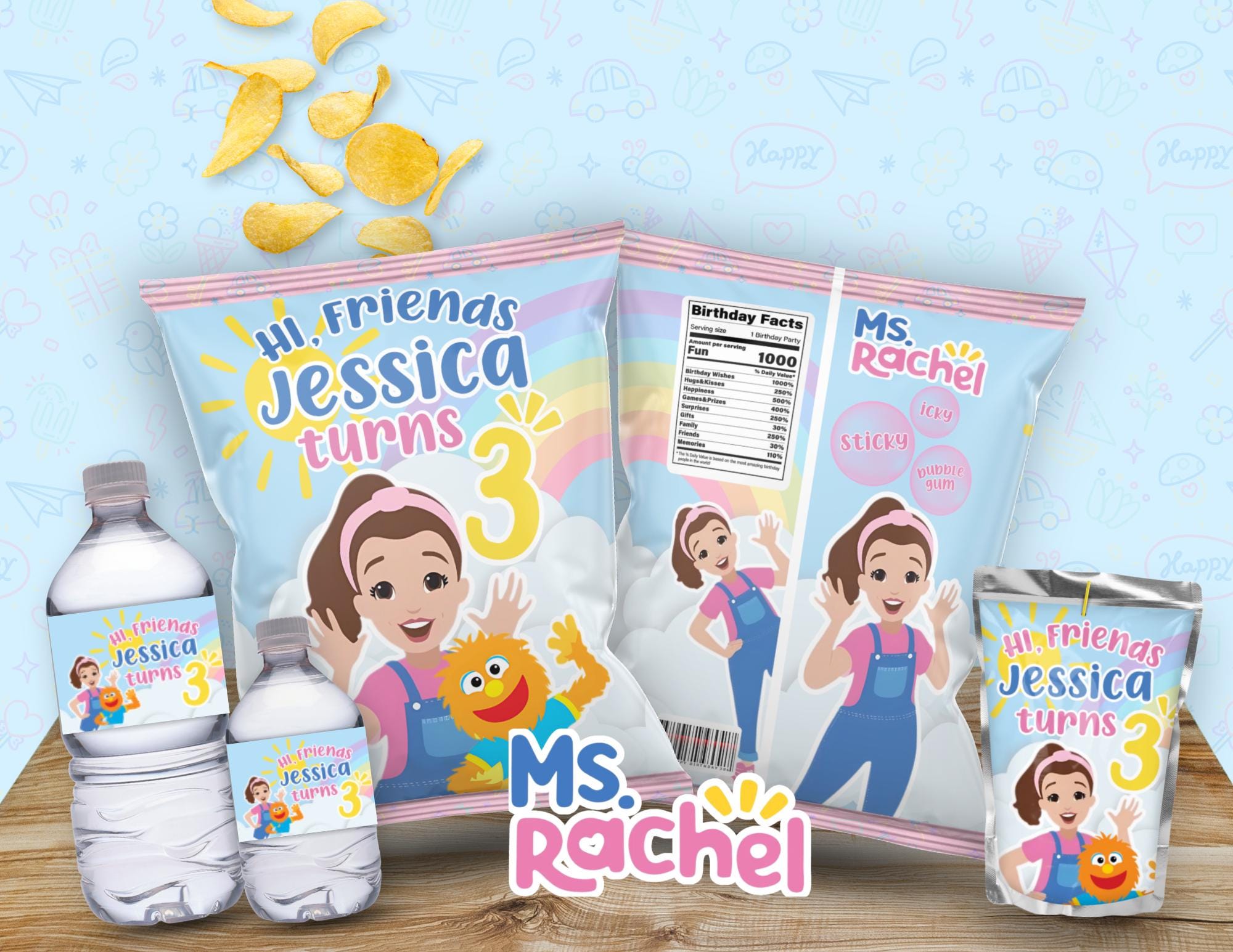 Ms Rachel Birthday Party Favors: Chip Bag, Capri Sun & Water