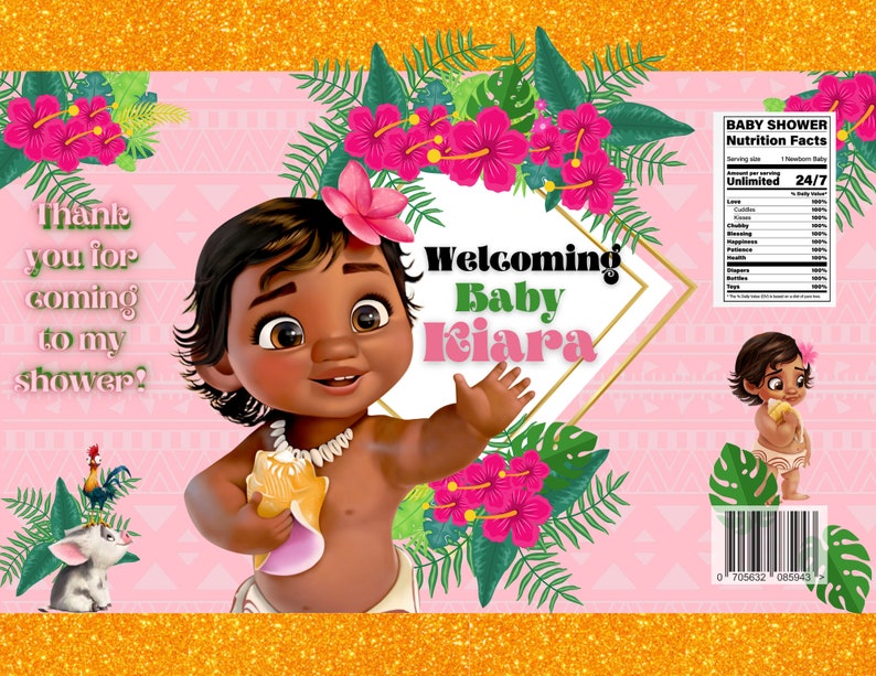 May include: A pink and green baby shower favour bag featuring a cartoon image of a baby Moana holding a seashell. The bag has the text "Welcoming Baby Kiara" and "Thank you for coming to my shower!" printed on it.