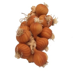 May include: A bunch of small, brown onions tied together with twine. The onions are arranged in a cluster, with some of them overlapping.