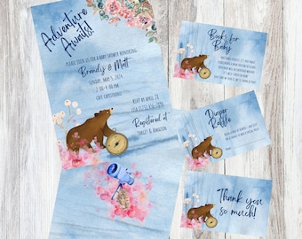 Adventure Awaits Baby Shower Invitation | Woodland Baby Shower Invite | Canva Editable | Girl Baby Shower | Bear Floral Forest Invite