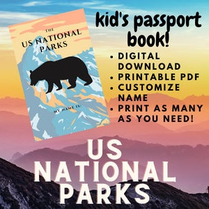 Libro de pasaportes para niños de parques nacionales de EE. UU. imprimible, libro de sellos, diario de viaje para niños, descarga digital de parques nacionales, libro de registro de parques, PDF