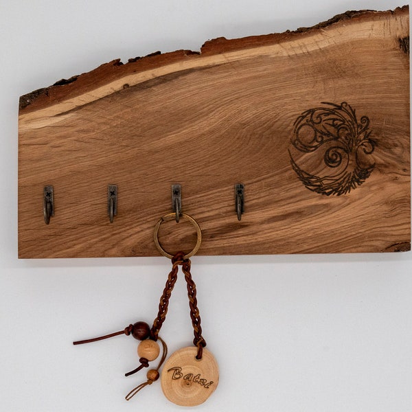 Oak key rack - tree in the wind motif - four hooks
