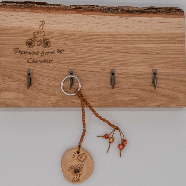 Oak key rack - lady on bicycle motif - four hooks