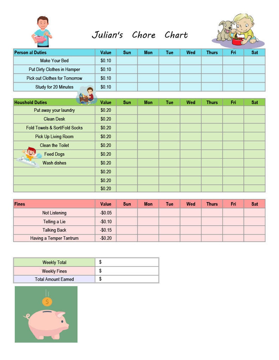 Allowance Chore Chart Template