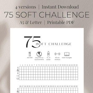 May include: A printable PDF with the text "75 SOFT CHALLENGE" in a minimalist design. The document includes a checklist with 75 boxes, and icons representing daily goals such as eating well, drinking water, and exercising. The document is A5 and Letter size.
