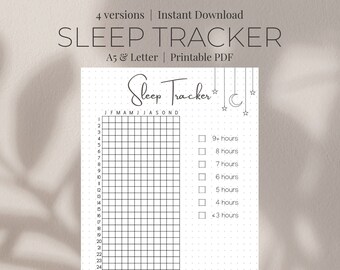 May include: Printable sleep tracker with a grid for each day of the month and a checklist for tracking hours of sleep. The tracker has a simple design with a moon and stars.