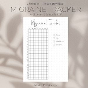 Può includere: Un tracker di emicrania stampabile con una griglia per ogni giorno del mese e caselle di controllo per i livelli di gravità: Nessuno, Lieve, Moderato, Grave. Il tracker include i mesi dell'anno: gennaio, febbraio, marzo, aprile, maggio, giugno, luglio, agosto, settembre, ottobre, novembre, dicembre. Il testo "Migraine Tracker" è in cima alla pagina.