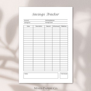 May include: A printable savings tracker with sections for account, saving for, starting balance, savings goal, date, description, deposit, withdrawal, balance, notes, and total saved. The tracker is on a white background.