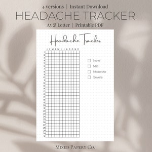 May include: Printable headache tracker with a grid for each day of the month and a severity scale: none, mild, moderate, severe. The tracker is labeled "Headache Tracker" and includes the months of the year: January, February, March, April, May, June, July, August, September, October, November, December.