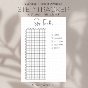 May include: Printable step tracker with a grid for each day of the month and a checklist for different step goals. The text "Step Tracker" is written at the top of the page. The text "MIXED PAPERY CO." is written at the bottom of the page.