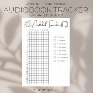 Könnte beinhalten: Ein schwarz-weißer druckbarer Hörbuch-Tracker mit einem Raster zum Protokollieren der Hörzeit. Der Tracker enthält eine Liste von Zeitinkrementen von 0 Minuten bis 120+ Minuten. Der Text "Audiobook Tracker" befindet sich oben auf der Seite.
