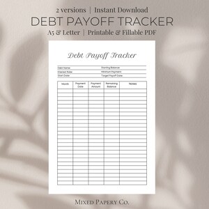 May include: A printable debt payoff tracker with sections for debt name, interest rate, starting balance, minimum payment, target payoff date, month, payment date, payment amount, remaining balance, and notes.