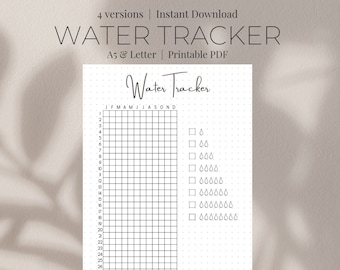 Yearly Water Intake, Daily Water Tracker, Premade Bullet Journal Page, Printable Planner, A5 Planner Inserts, Instant Download, Motivational