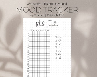 May include: A printable mood tracker with a grid for each day of the month and a column for rating your mood with different emojis. The text "Mood Tracker" is at the top of the page.