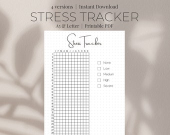 May include: Printable stress tracker with a grid for each day of the month and a scale to rate stress levels from none to severe. The months are labeled JFMAMJJASOND. The text "Stress Tracker" is at the top of the page.