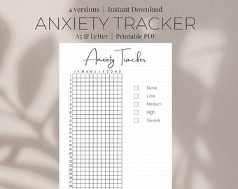 May include: Printable anxiety tracker with a grid for each day of the month and a scale to rate anxiety levels from none to severe. The text "Anxiety Tracker" is written at the top of the page. The text "MIXED PAPERY CO." is at the bottom of the page.